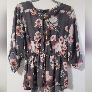 Long Sleeve Floral Gray and Pink Blouse